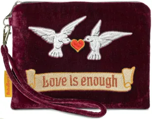 Love is Enough Doves - silk velvet embroidered wristlet. Burgundy.