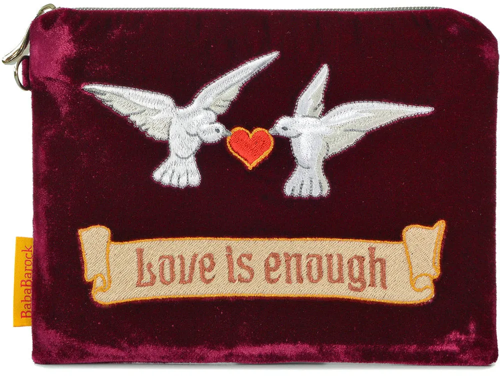 Love is Enough Doves - silk velvet embroidered wristlet. Burgundy.