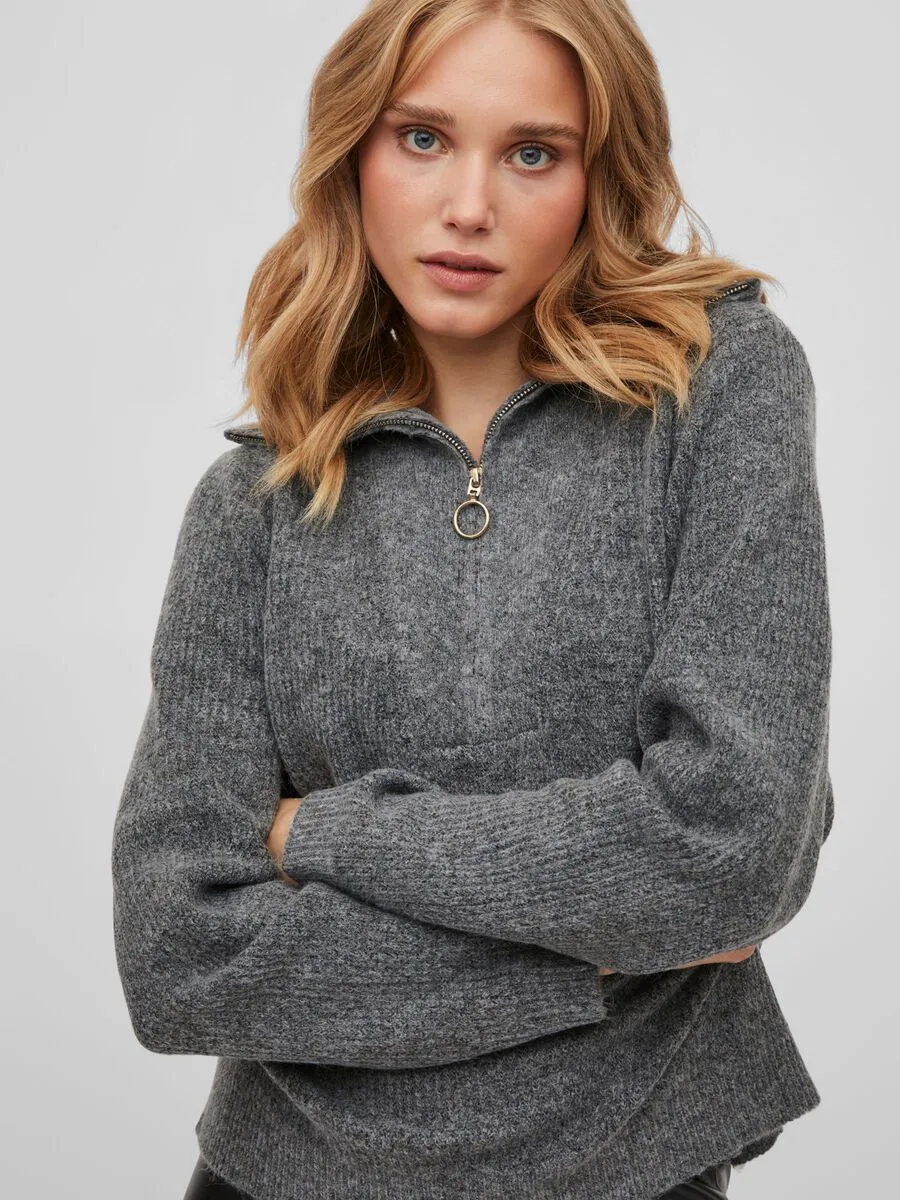 Mathilda Zip Neck Jumper (Medium Grey Melange)