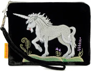 Medieval Unicorn - silk velvet embroidered wristlet. Black.