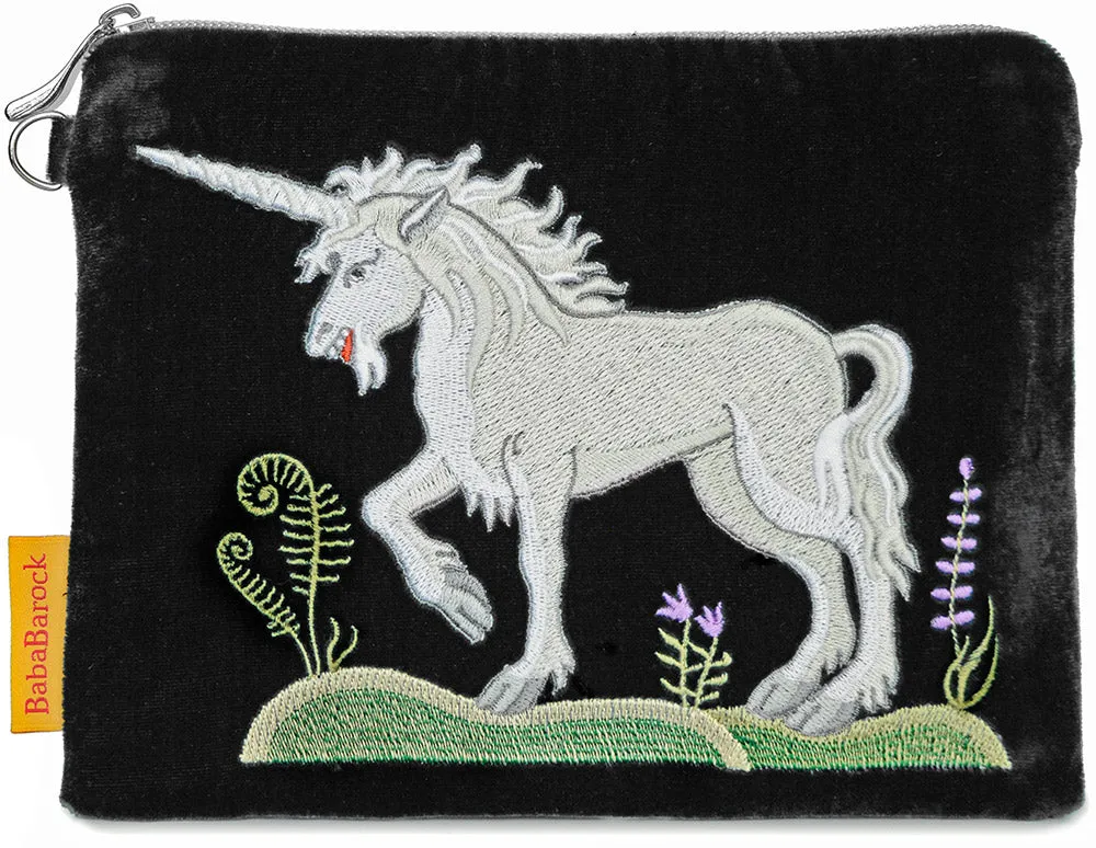 Medieval Unicorn - silk velvet embroidered wristlet. Black.