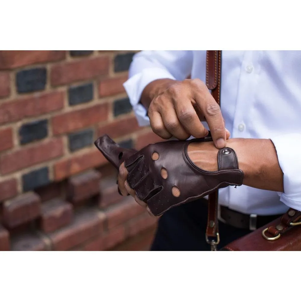 Men's Brown Leather Napoli Fingerless Driving Gloves