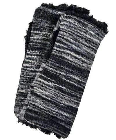 Men's Fingerless / Texting Gloves (Mid-Length) Reversible - Sweet Stripes in Blackberry Cobbler with Cuddly Faux Fur