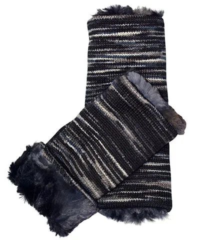 Men's Fingerless / Texting Gloves (Mid-Length) Reversible - Sweet Stripes in Blackberry Cobbler with Cuddly Faux Fur