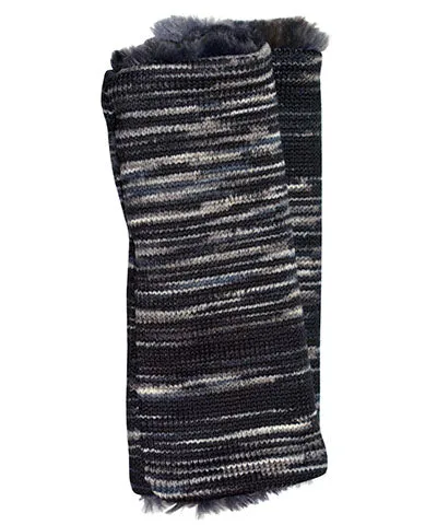 Men's Fingerless / Texting Gloves (Mid-Length) Reversible - Sweet Stripes in Blackberry Cobbler with Cuddly Faux Fur