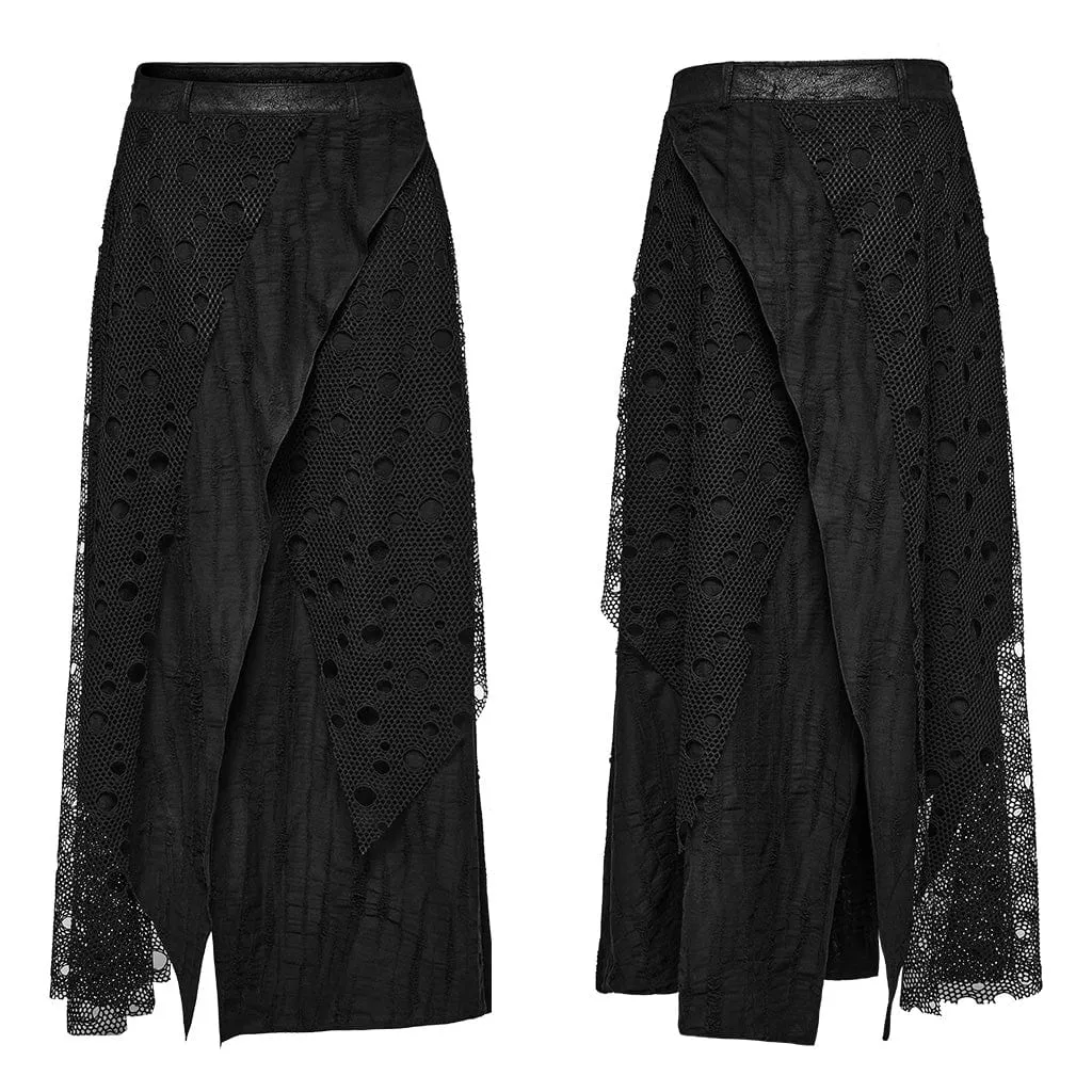 Men's Gothic Mesh Splice Irregular Long Skirt