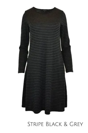 MERINO SWING DRESS LONG SLEEVES STRIPE BLACK/GREY