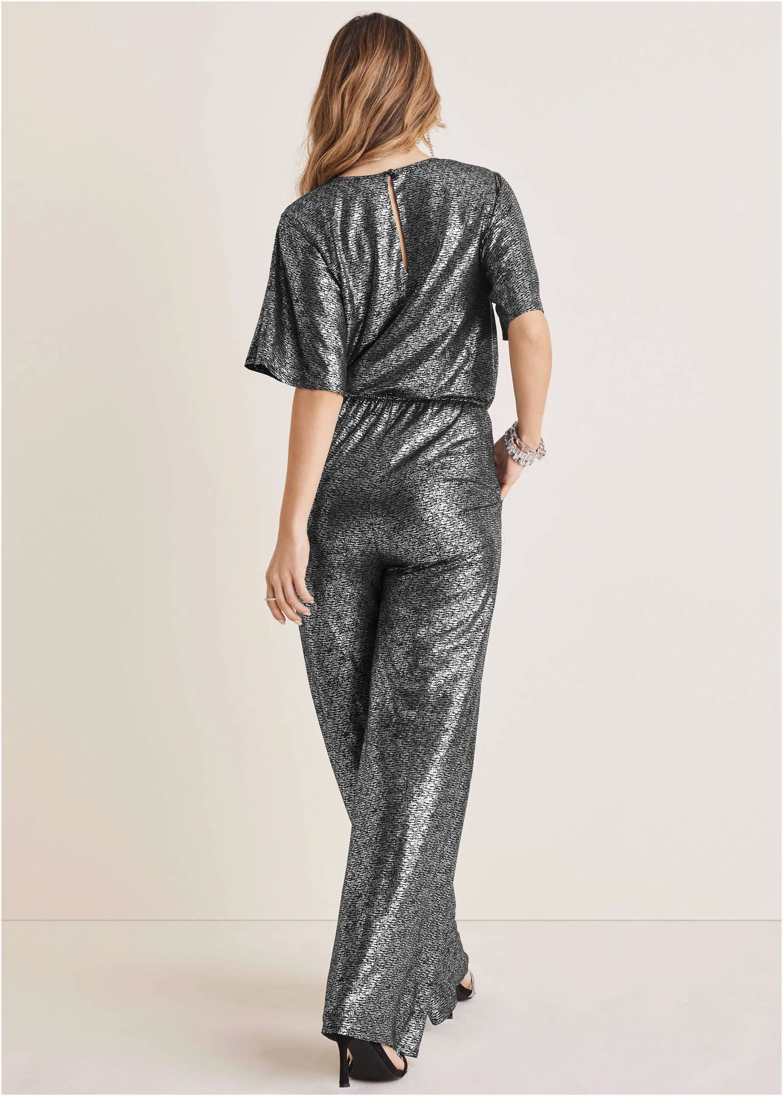 Metallic Flutter Sleeve Jumpsuit - Silver