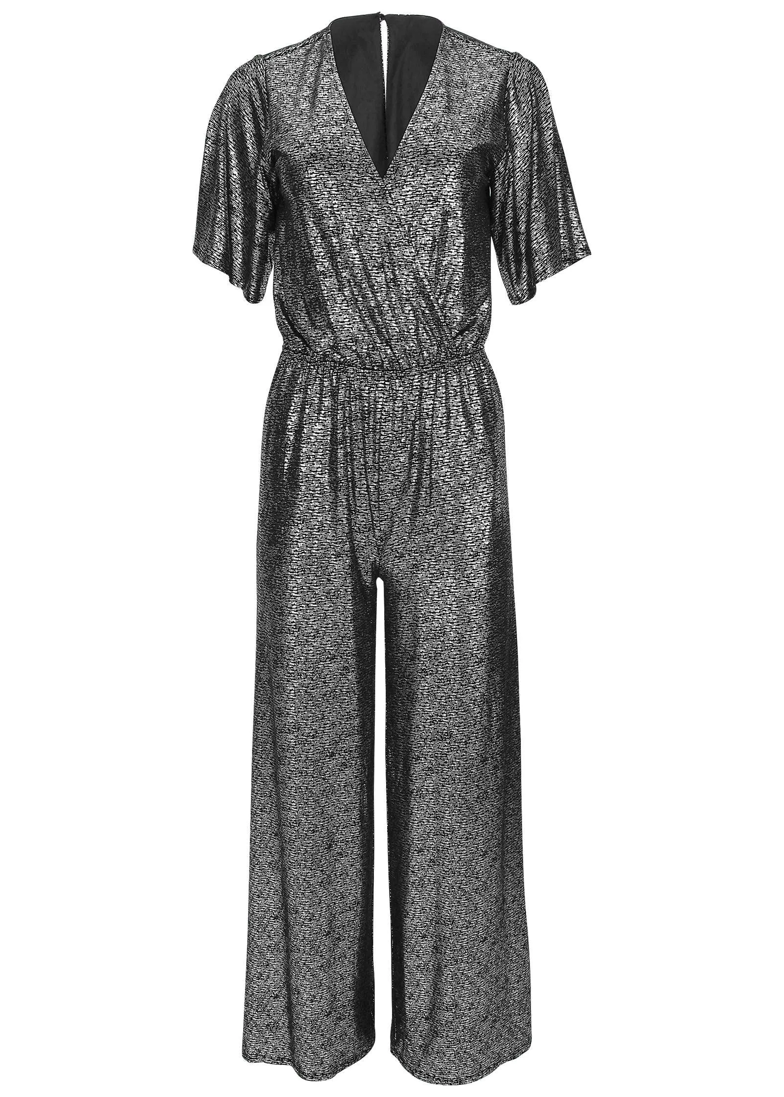 Metallic Flutter Sleeve Jumpsuit - Silver