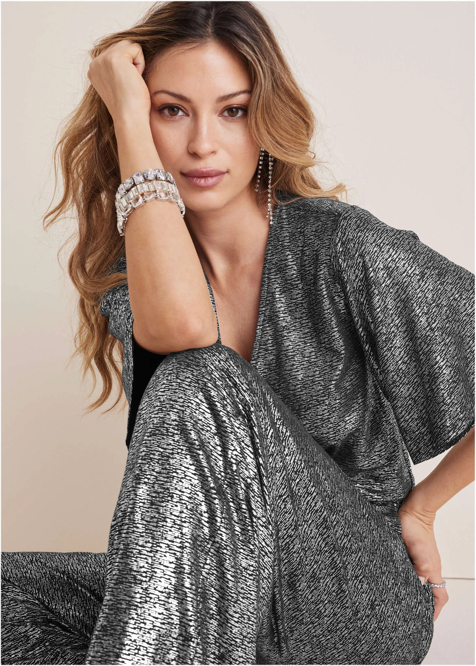 Metallic Flutter Sleeve Jumpsuit - Silver