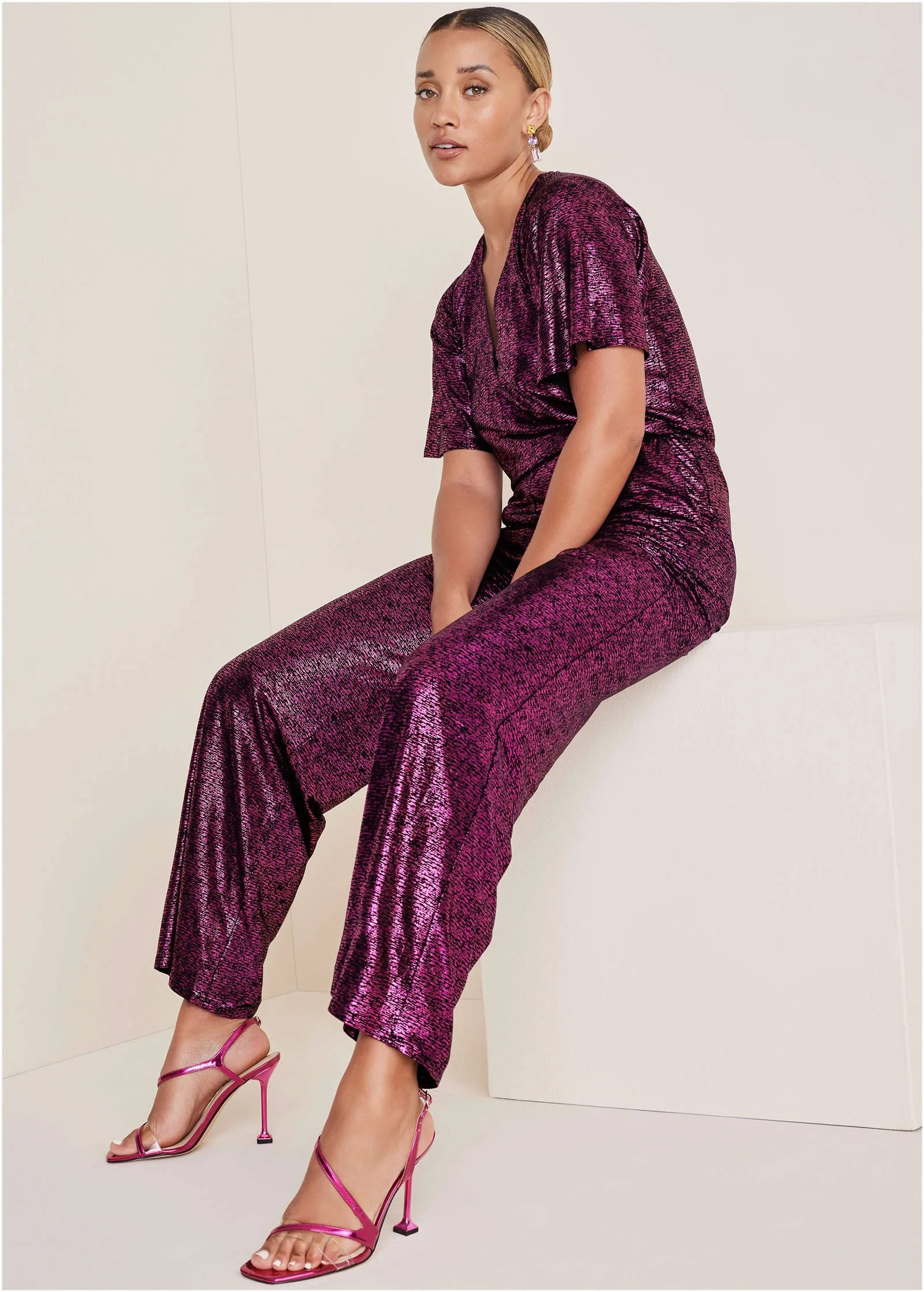 Metallic Flutter Sleeve Jumpsuit - Vivacious