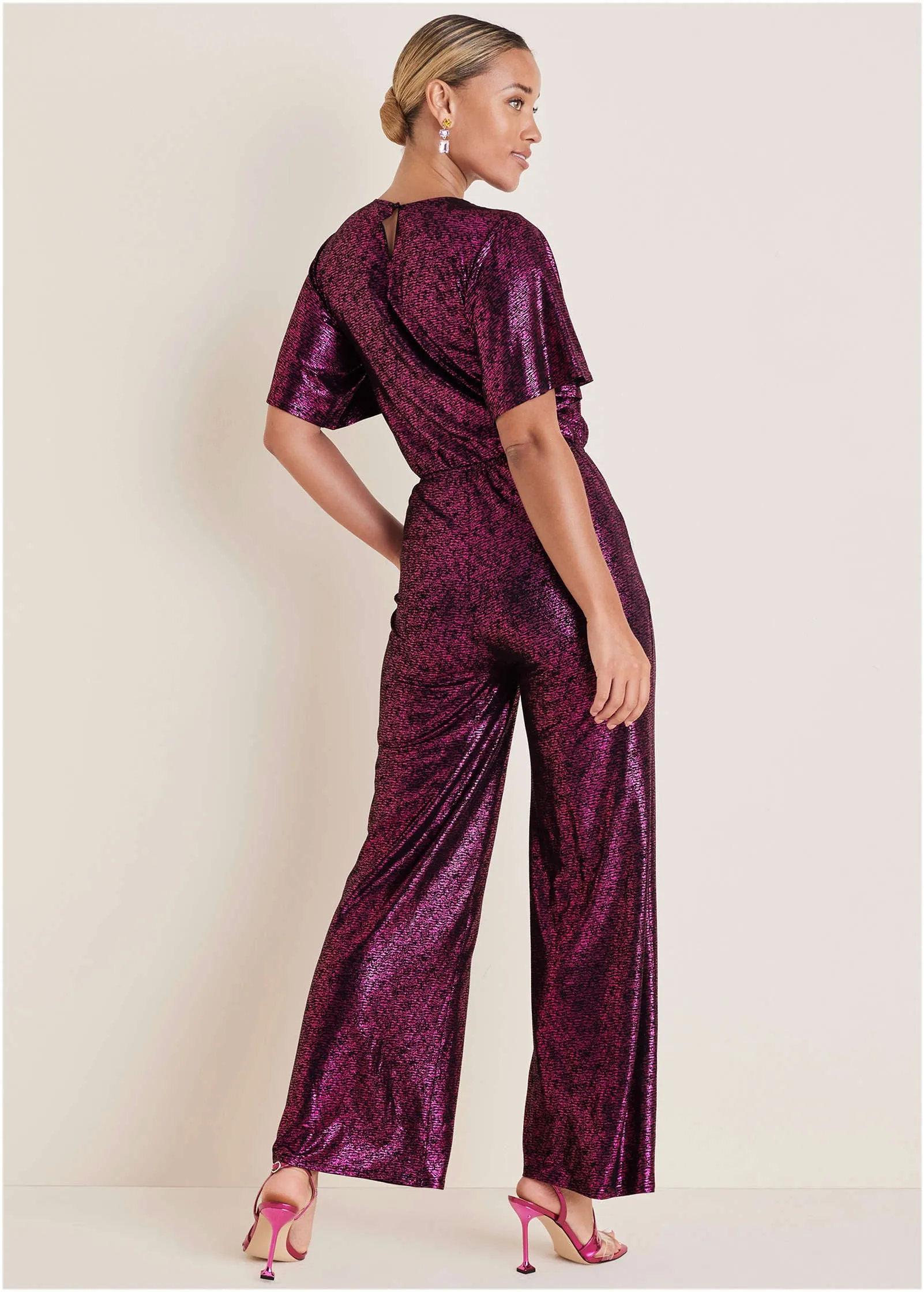 Metallic Flutter Sleeve Jumpsuit - Vivacious