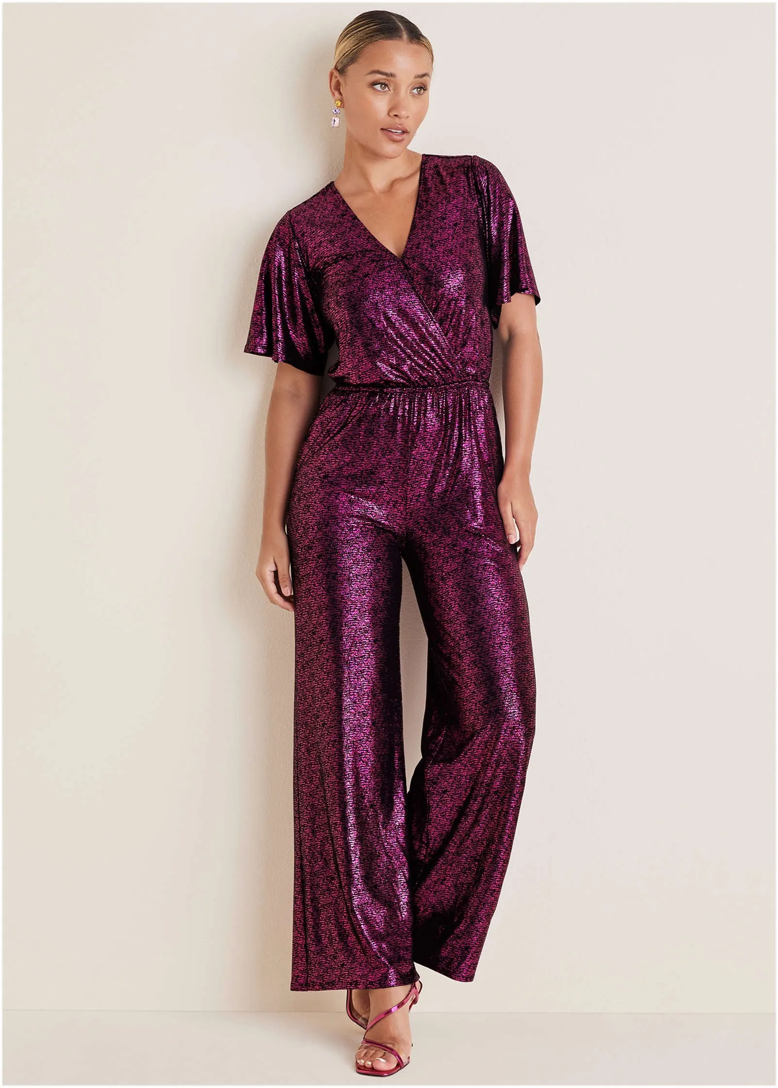 Metallic Flutter Sleeve Jumpsuit - Vivacious