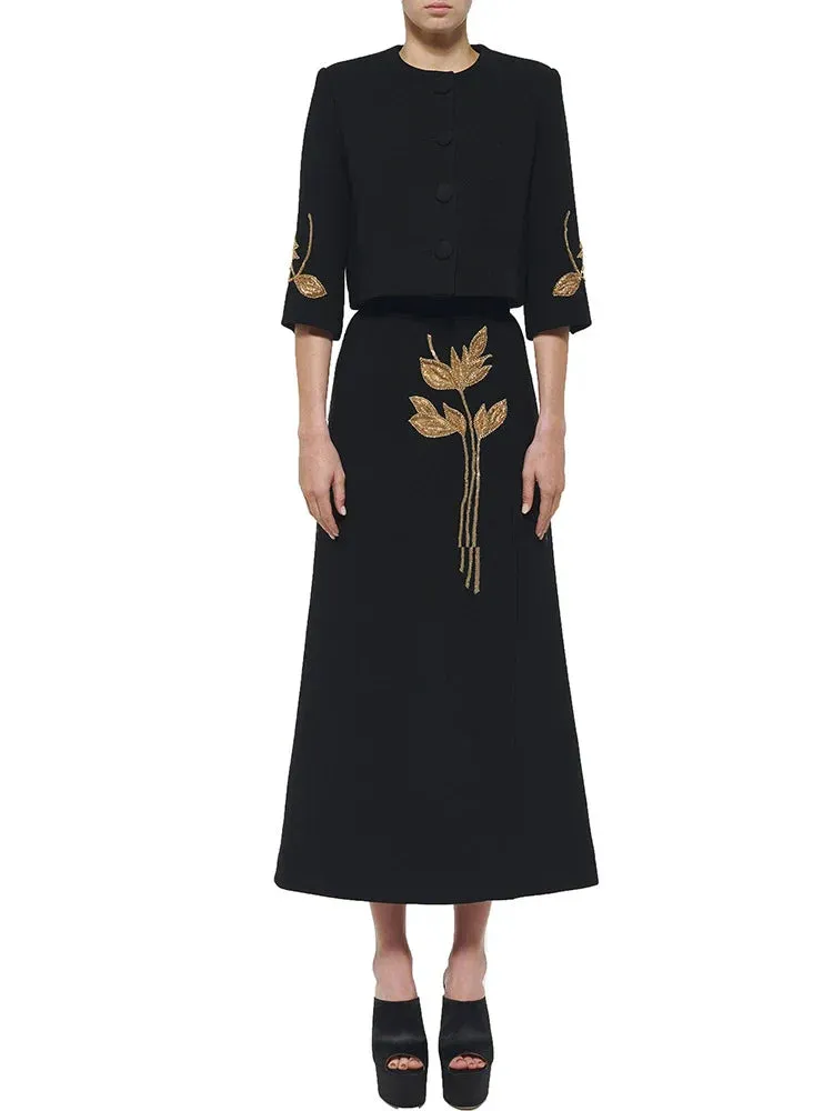 Metaversmall Spliced Embroidered Flares Two Piece Sets For Women Round Neck Half Sleeve Tops High Waist A Line Skirts Elegant Set Female