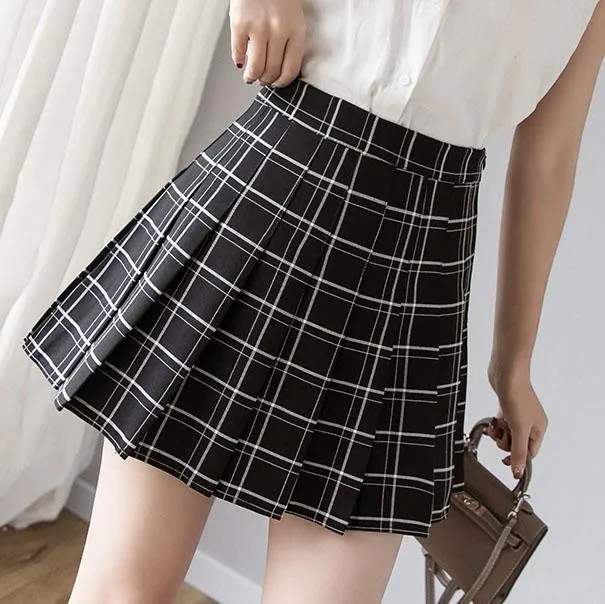 Milk Tea High Waist Pleated Paid Skirt SD00398