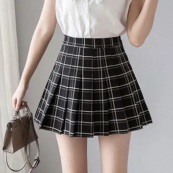 Milk Tea High Waist Pleated Paid Skirt SD00398