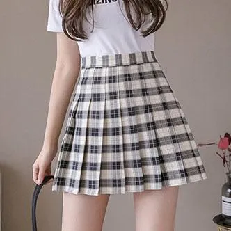 Milk Tea High Waist Pleated Paid Skirt SD00398