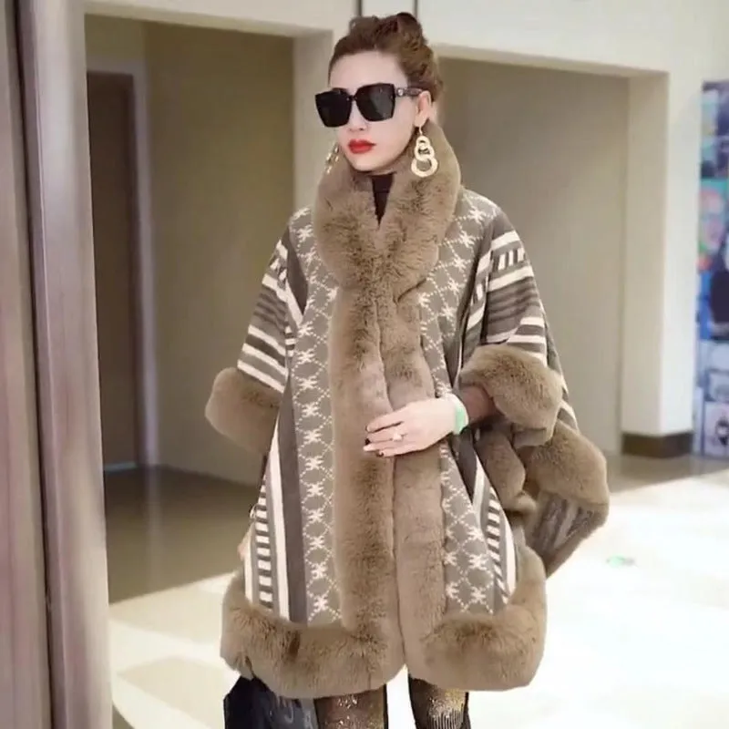 New Loose Plus Size Jacquard Fur Collar Shawl Wool Coat