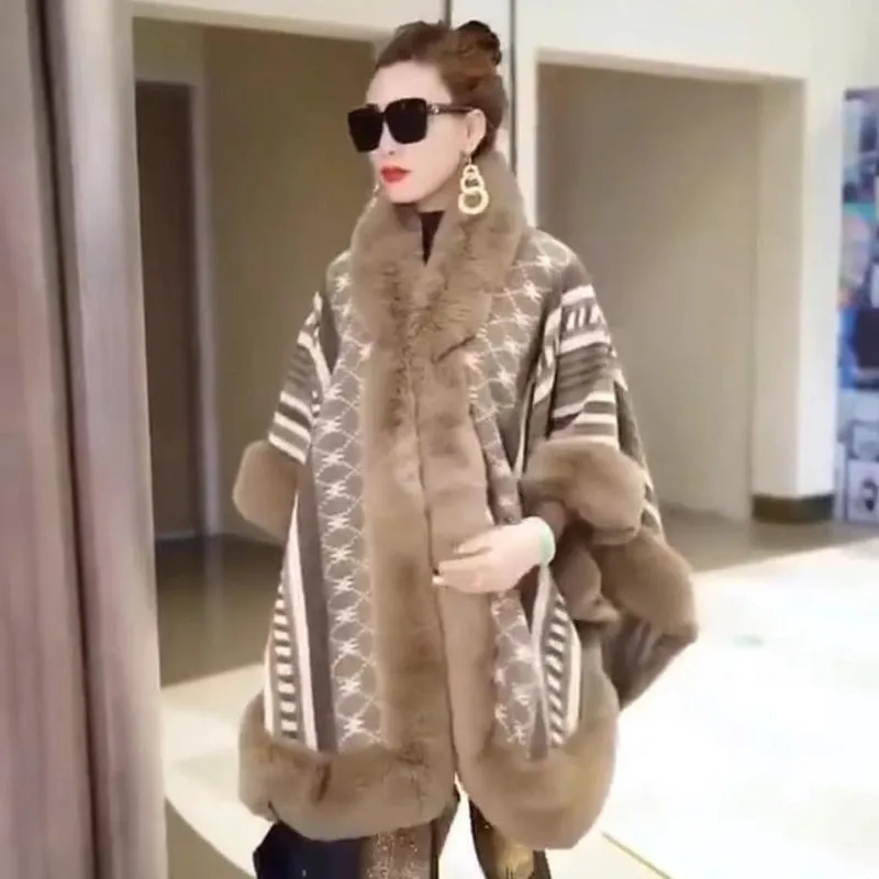 New Loose Plus Size Jacquard Fur Collar Shawl Wool Coat