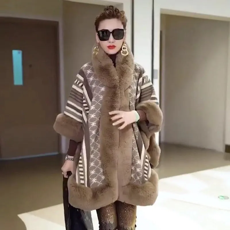 New Loose Plus Size Jacquard Fur Collar Shawl Wool Coat