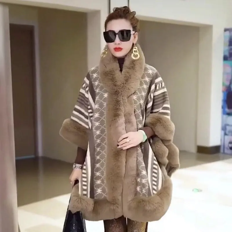 New Loose Plus Size Jacquard Fur Collar Shawl Wool Coat