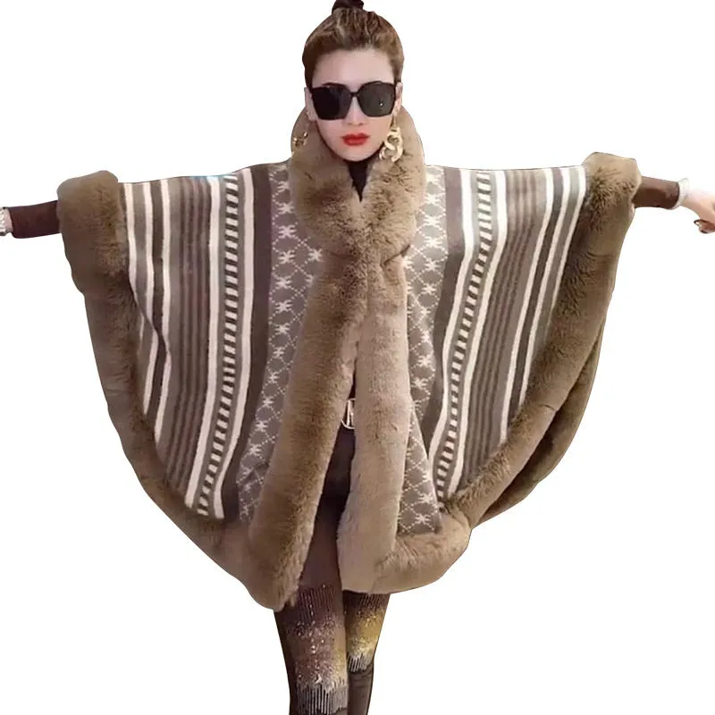 New Loose Plus Size Jacquard Fur Collar Shawl Wool Coat