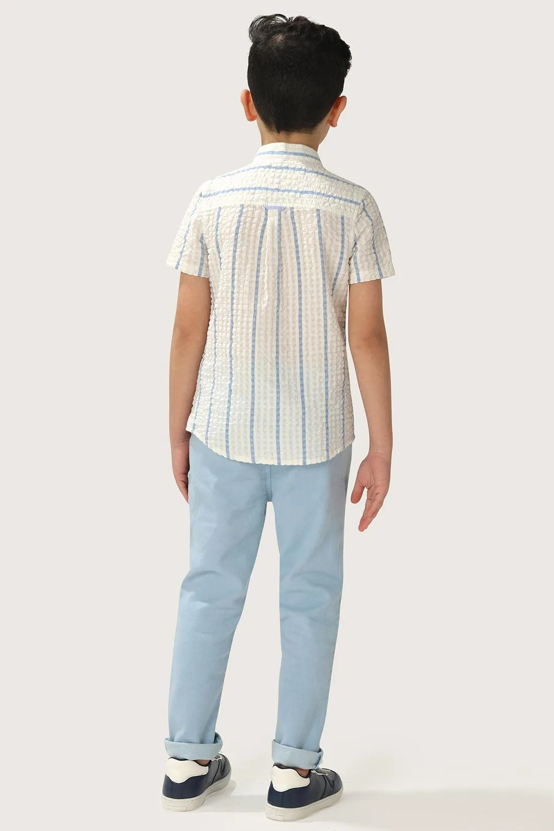 One Friday Boys White and Blue Stripes Seersucker Cotton Shirt