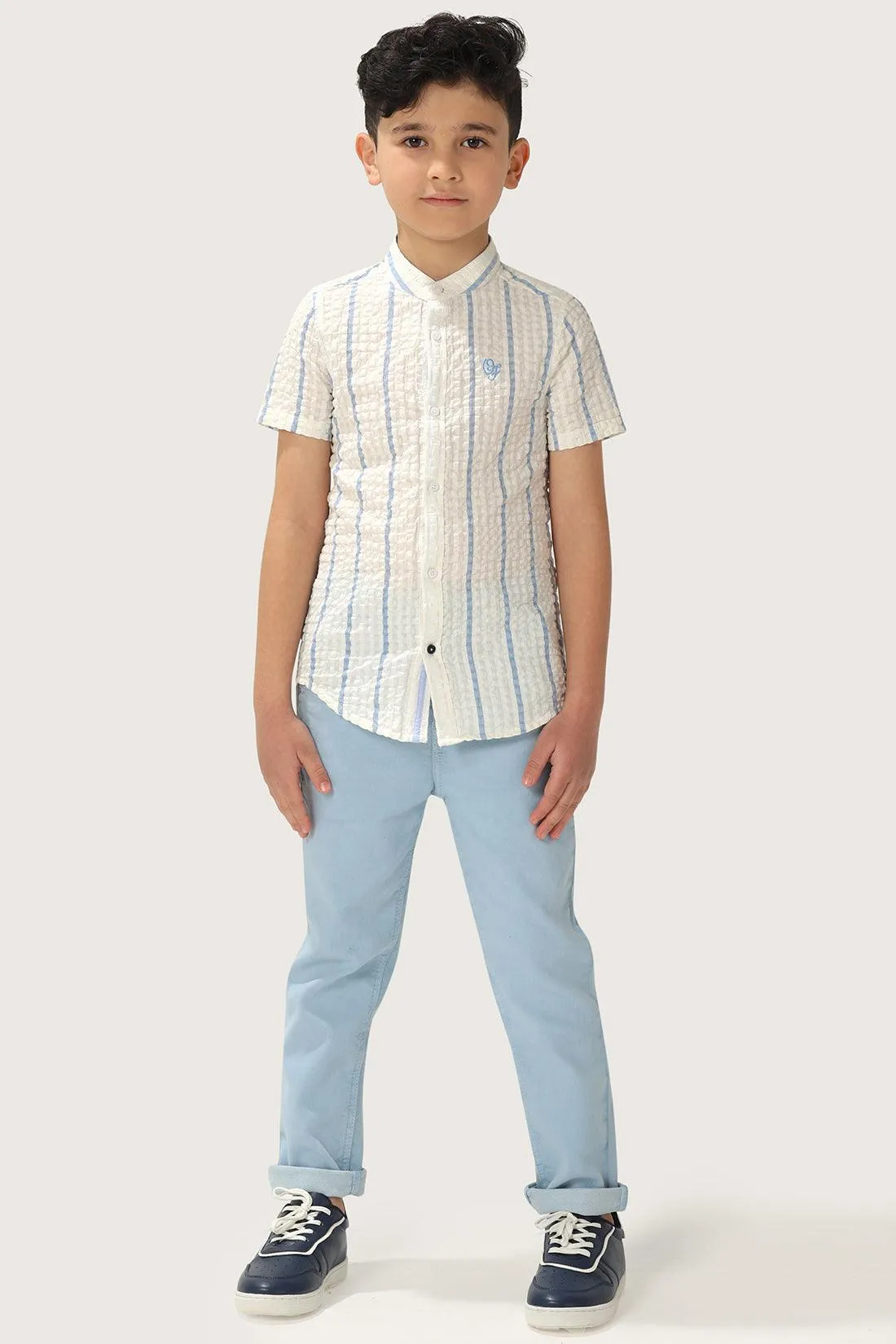 One Friday Boys White and Blue Stripes Seersucker Cotton Shirt