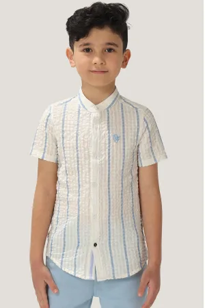 One Friday Boys White and Blue Stripes Seersucker Cotton Shirt