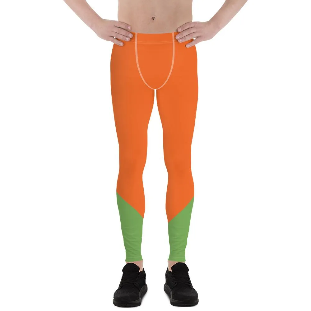 Orange Green Color Block Meggings, Designer Orange Green Duo Color Men's Leggings Meggings Tights Pants- Made in USA/ EU