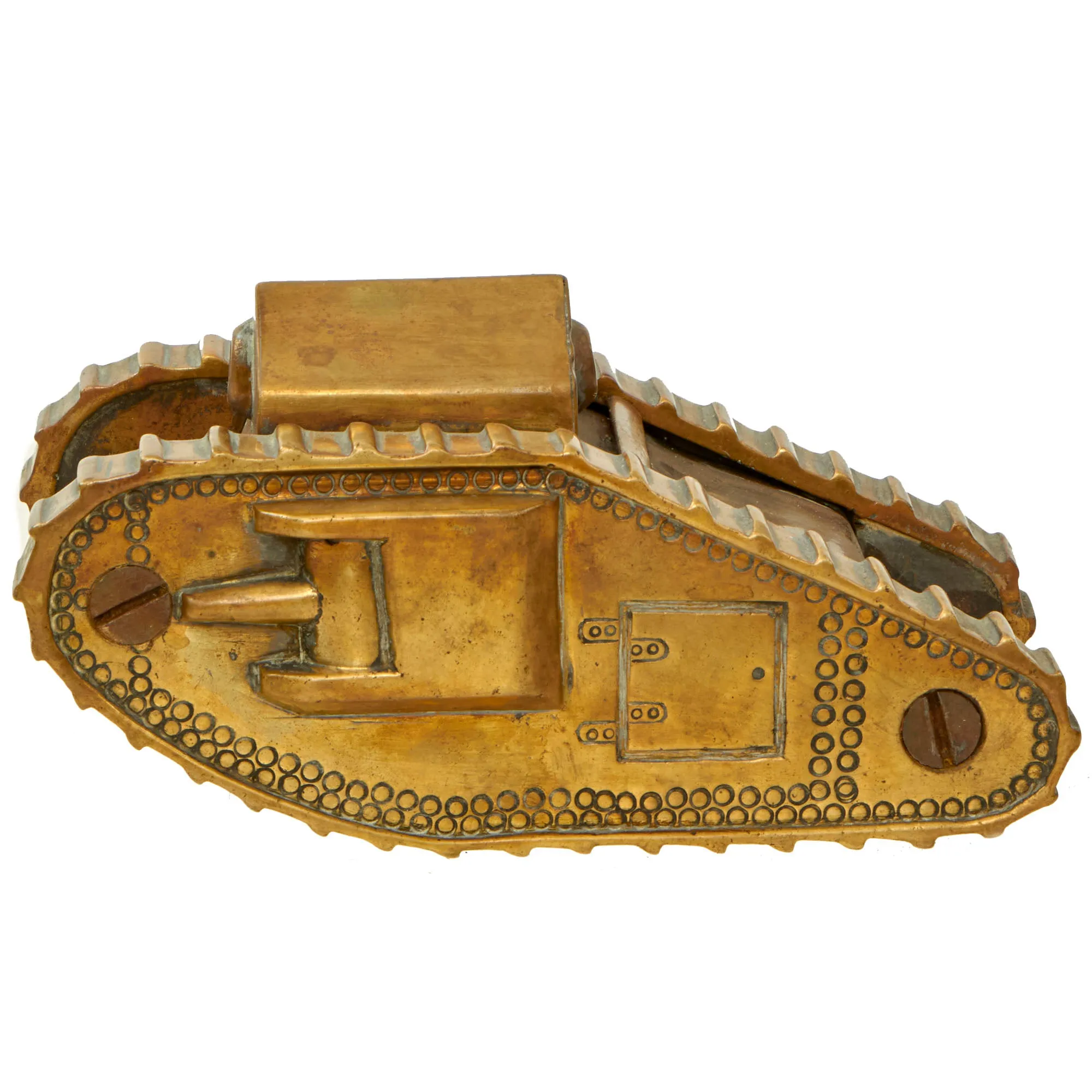 Original British WWI Mark IV Tank Brass Trench Art Model - Formerly A.A.F. Tank Museum Collection