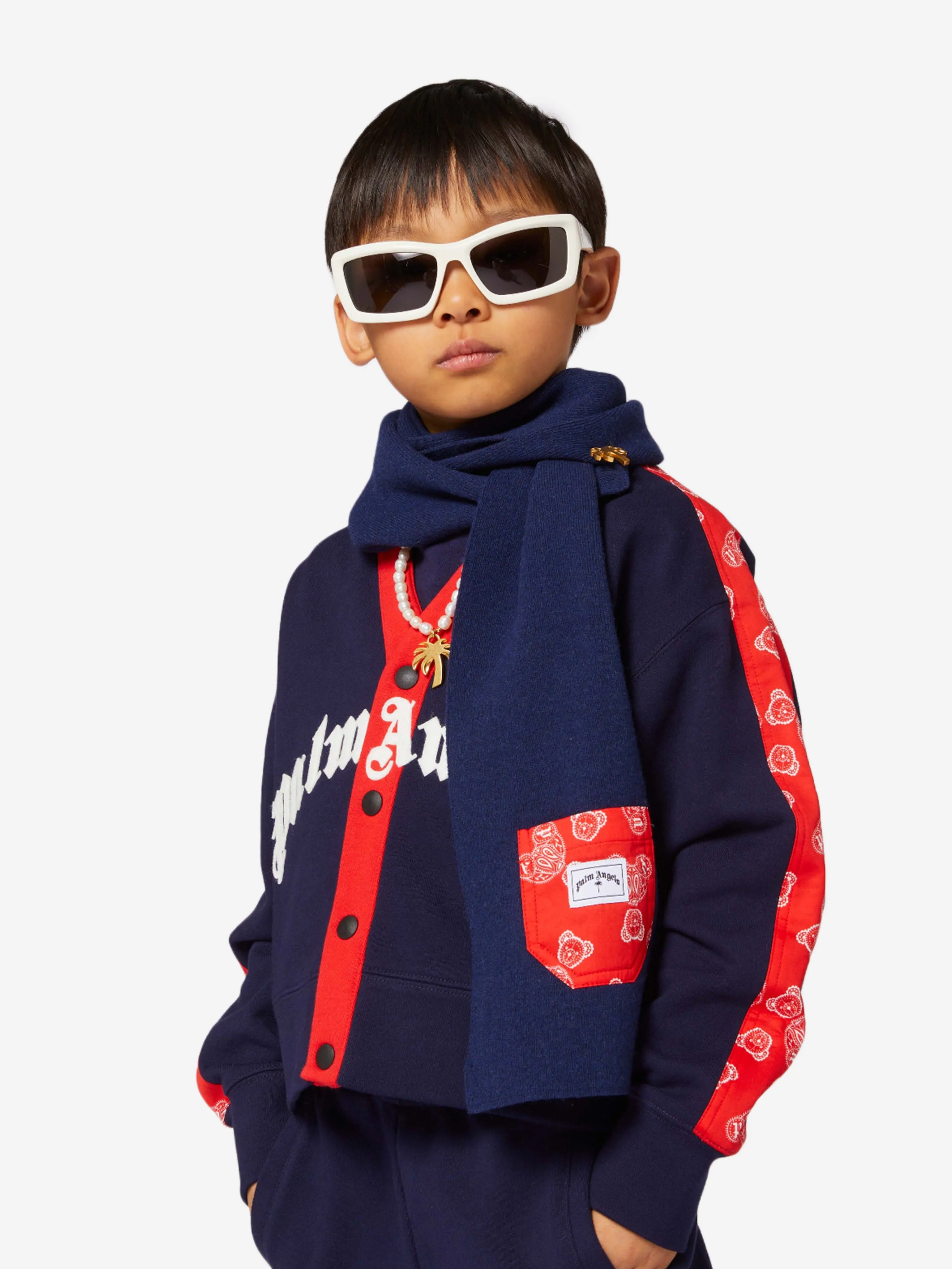 Palm Angels Boys Logo Bears Paisley Cardigan in Navy