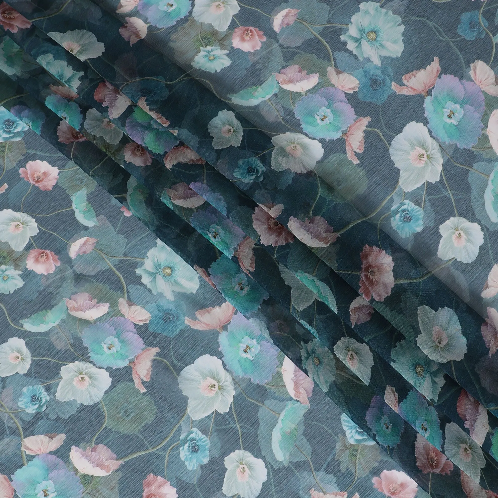 Petrol blue Premium pure wrinkle silk chiffon fabric with multicolor print in floral design-D16998