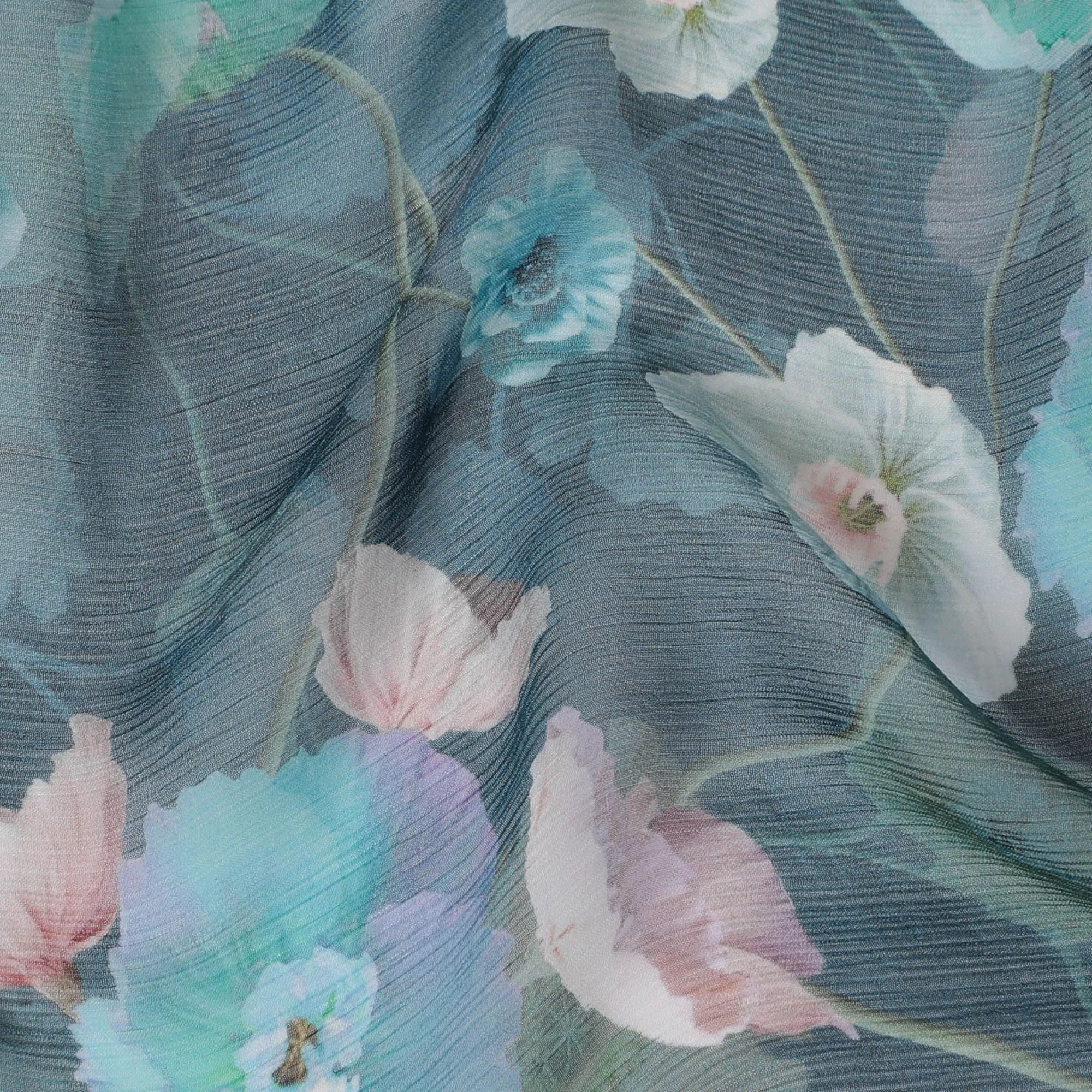 Petrol blue Premium pure wrinkle silk chiffon fabric with multicolor print in floral design-D16998