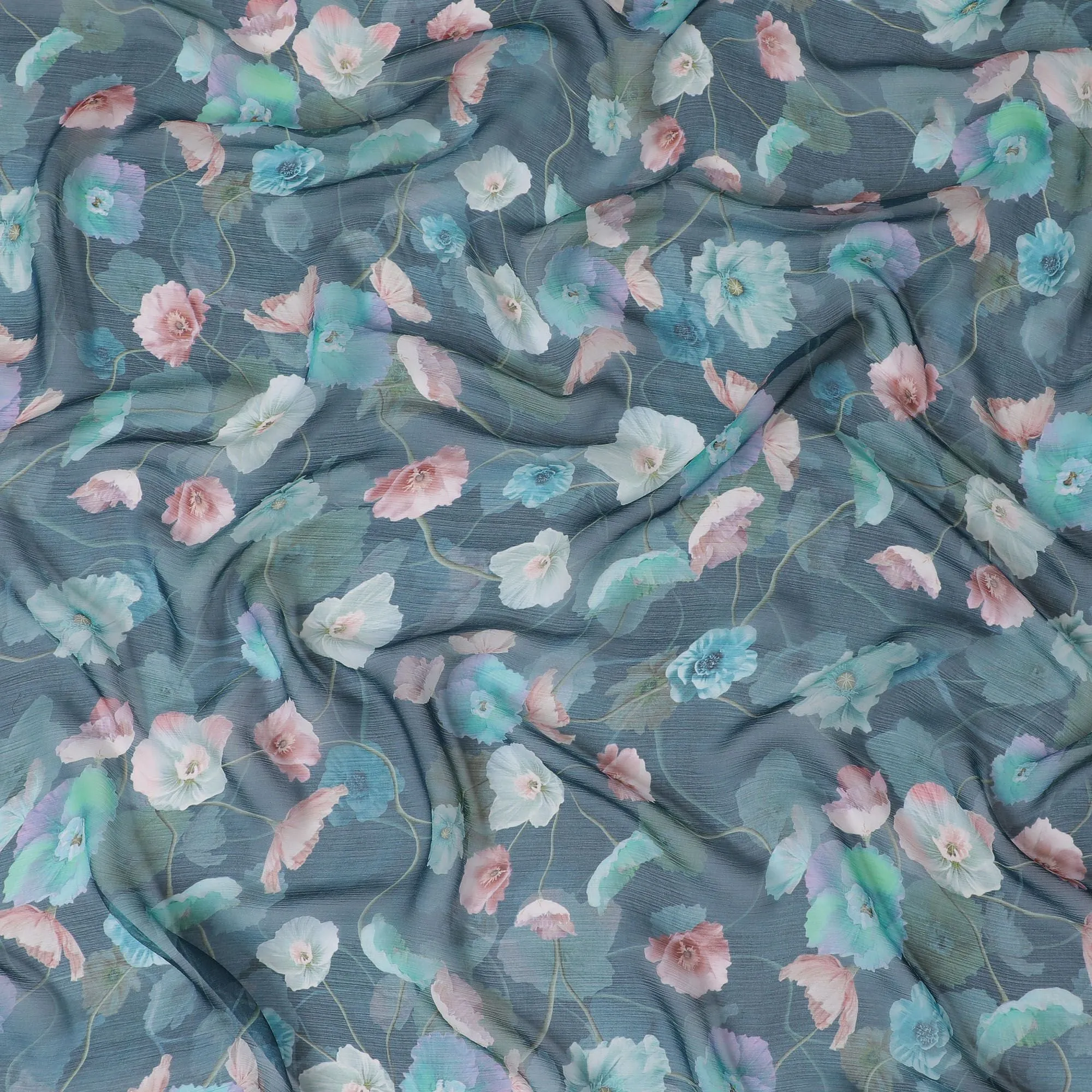 Petrol blue Premium pure wrinkle silk chiffon fabric with multicolor print in floral design-D16998