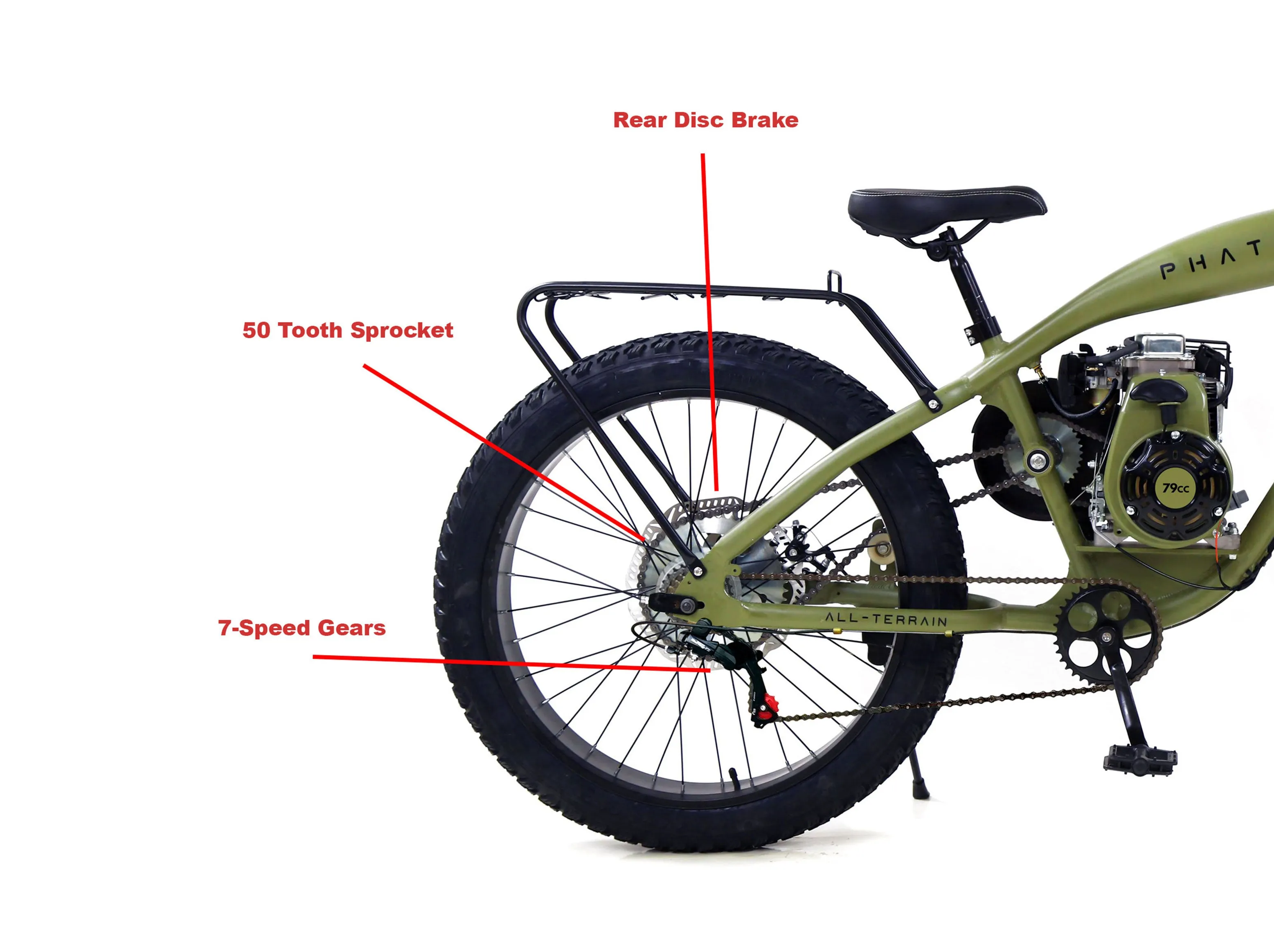 PHATMOTO™ ALL TERRAIN Fat Tire 2023 - 79cc Motorized Bicycle 7-Speed (Matte Army Green)