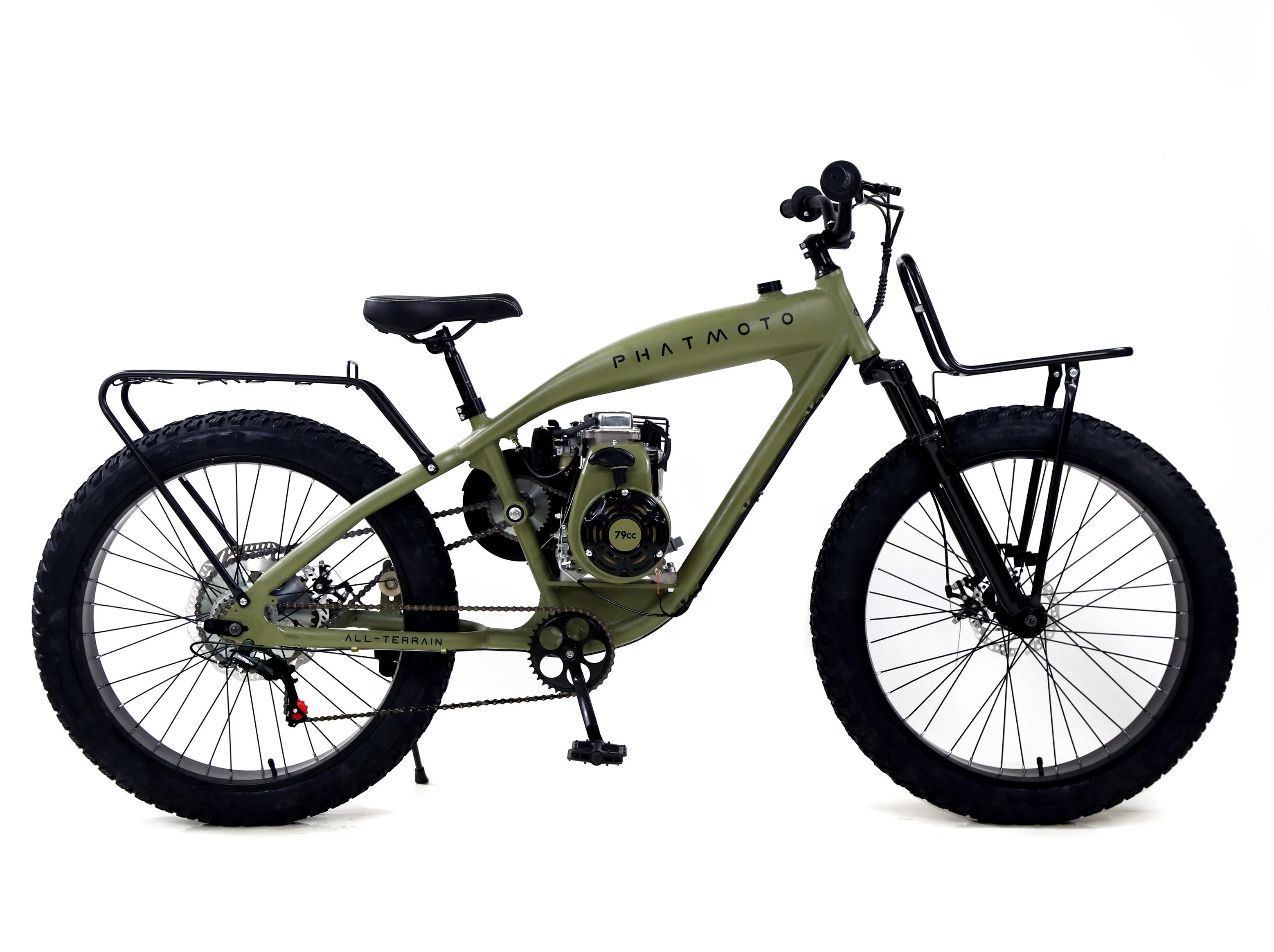 PHATMOTO™ ALL TERRAIN Fat Tire 2023 - 79cc Motorized Bicycle 7-Speed (Matte Army Green)