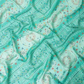 Pine green synthetic chiffon fabric with same tone embroidery stripe having multicolor print and sequins in geometric design-D9757