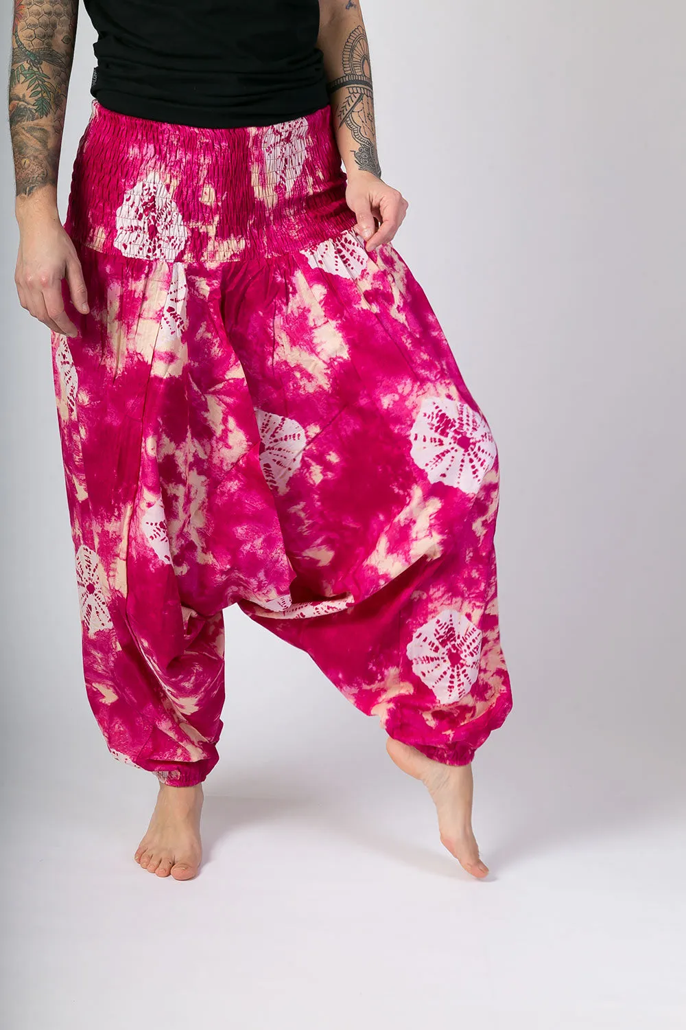 Pink Tie Dye Print Cotton Harem Yoga Jumpsuit Pants