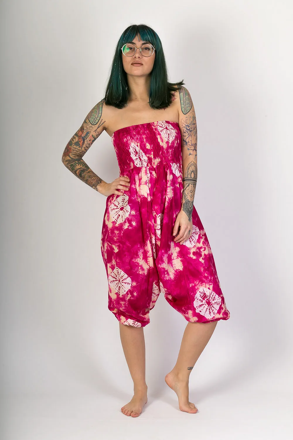 Pink Tie Dye Print Cotton Harem Yoga Jumpsuit Pants