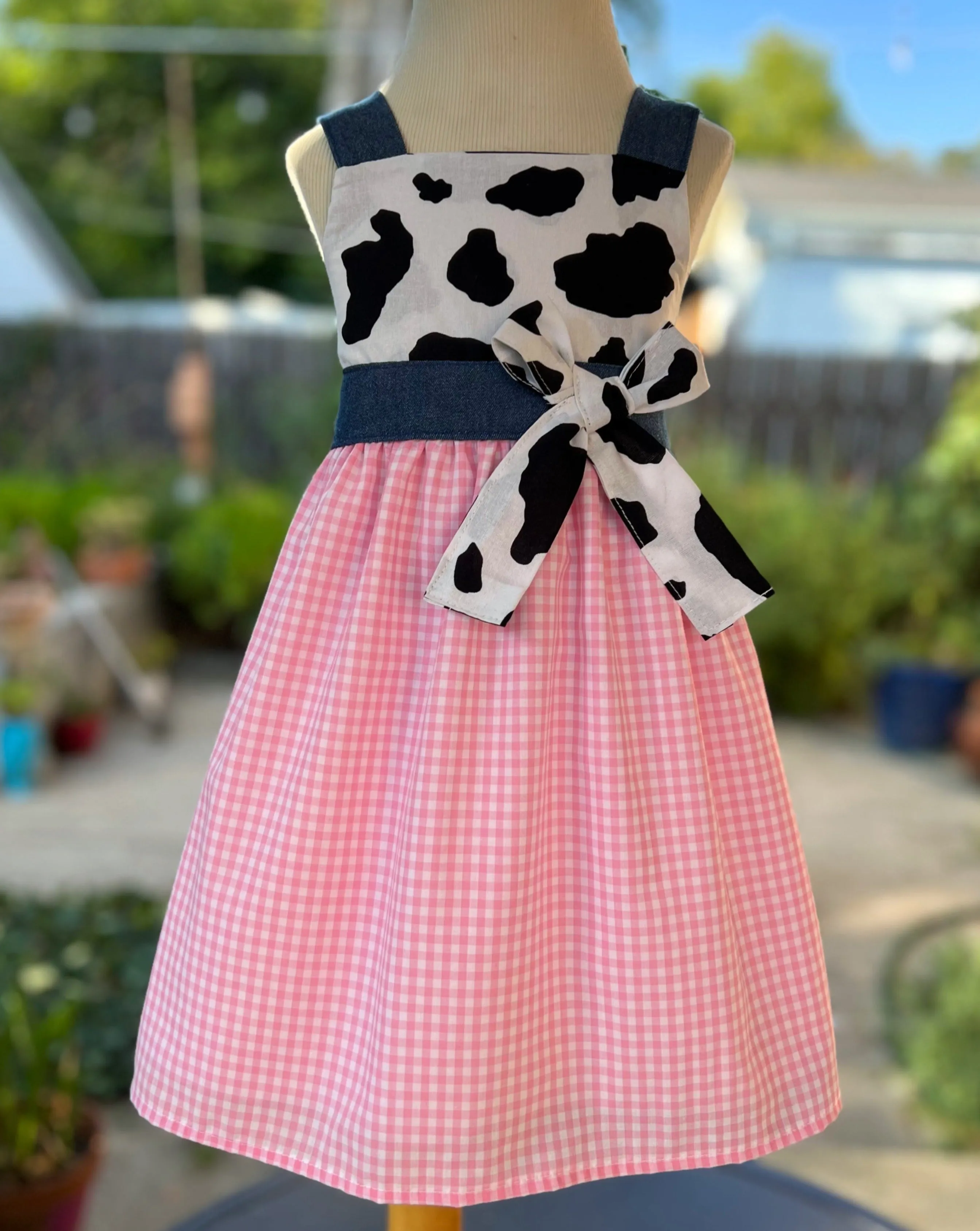 Pink White Gingham Cow Print Dress