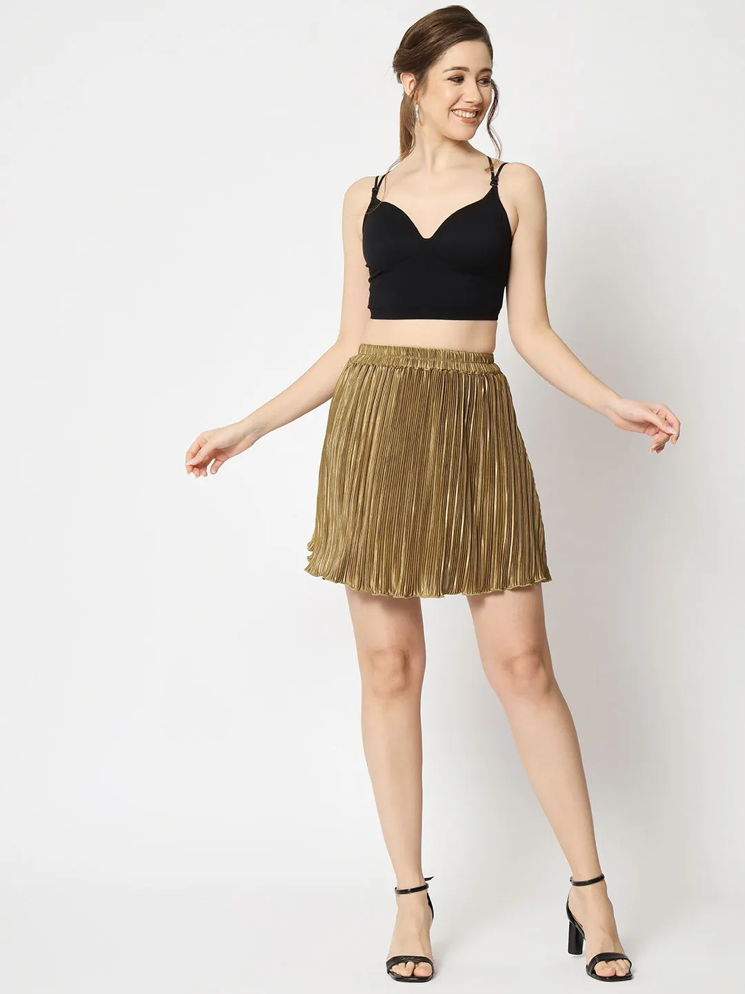 Pleated Flared Above Knee Satin Skirt