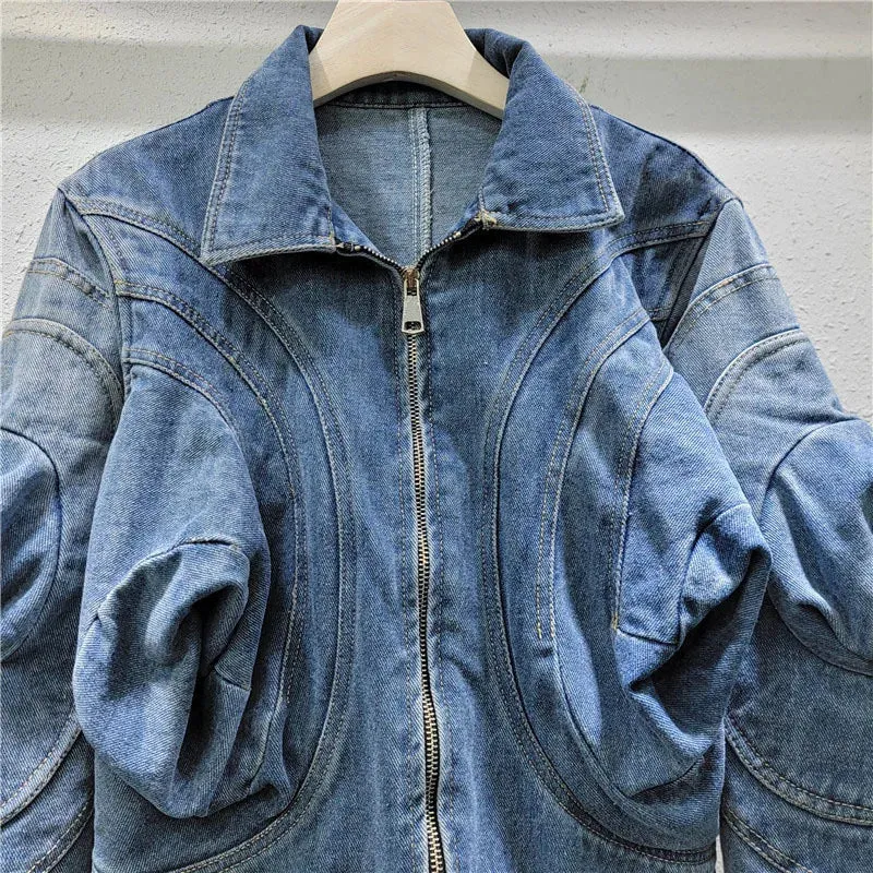 Pre Order:  Casual Puff Sleeve Zip Denim Jacket