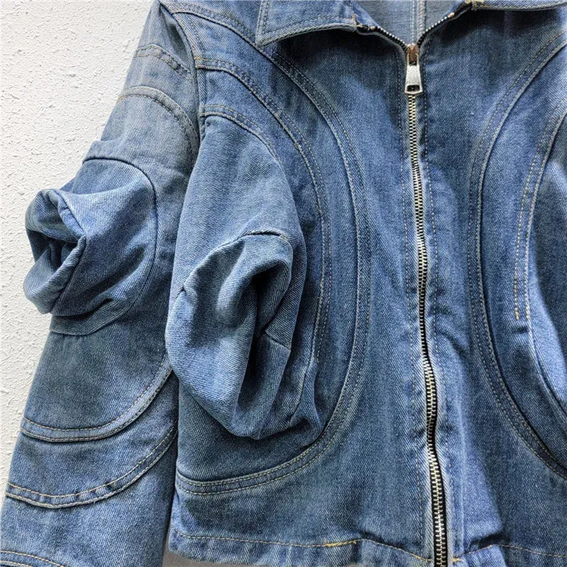 Pre Order:  Casual Puff Sleeve Zip Denim Jacket