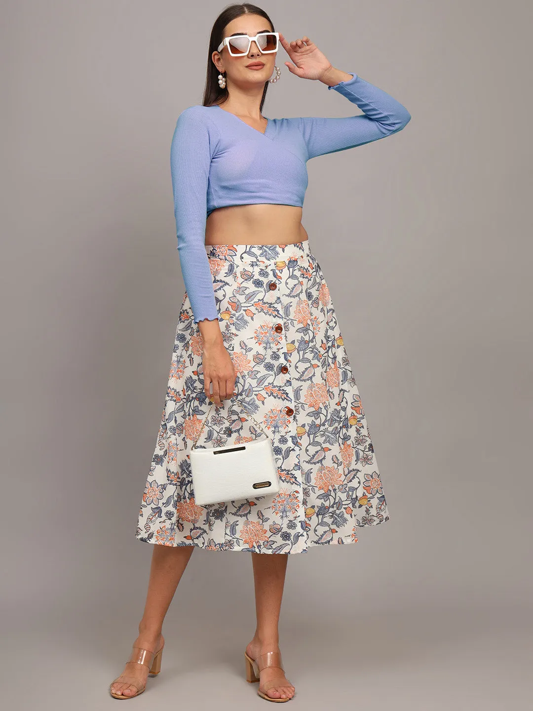 Printed Flared Midi Skirt