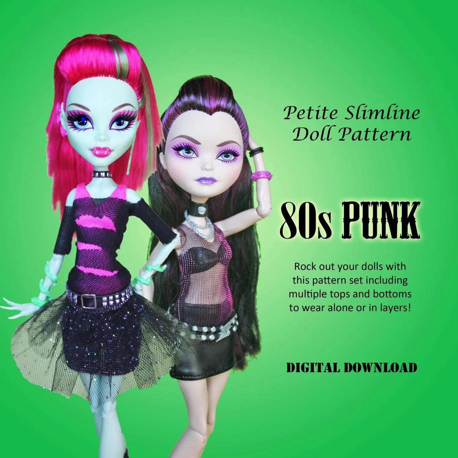 PS 80s Punk Rock 10.5" Fashion Doll - leather mini skirt ripped shirt concert outfit - Downloadable RAD Doll Clothes PDF Sewing Pattern