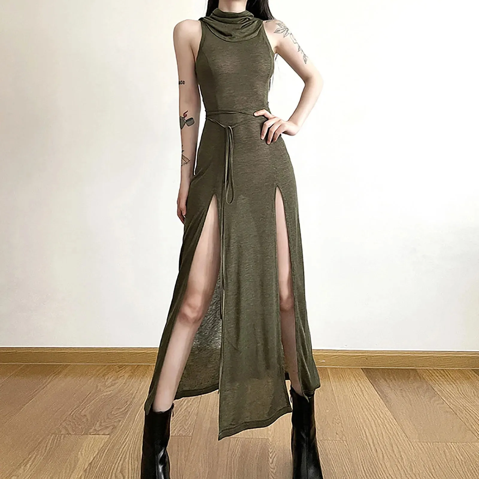 Punk Long Sleeveless Colour Split Fashion Y2k Neck Solid High New Hooded Summer Dress