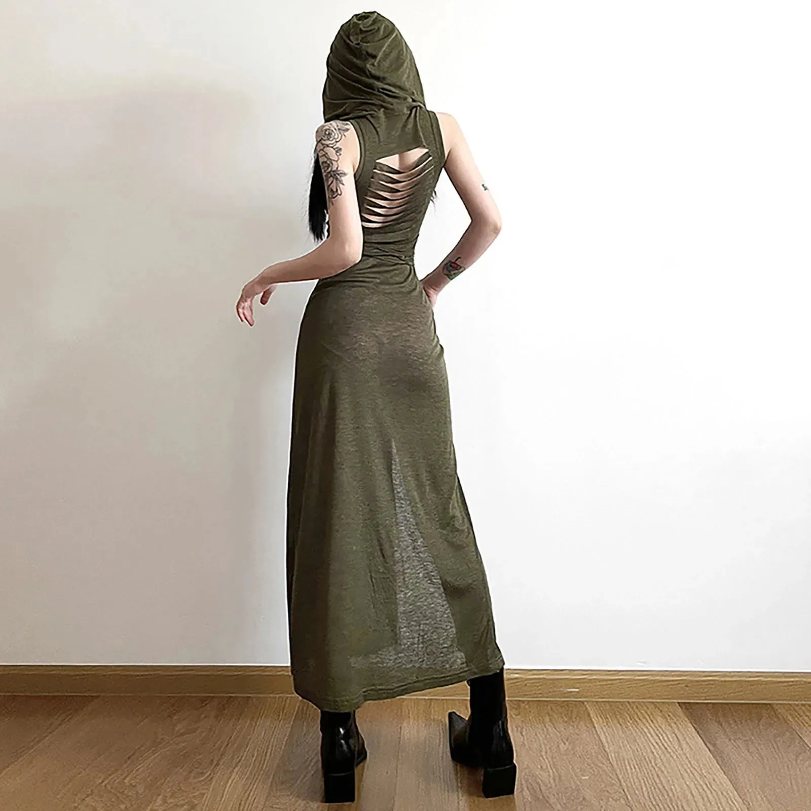 Punk Long Sleeveless Colour Split Fashion Y2k Neck Solid High New Hooded Summer Dress