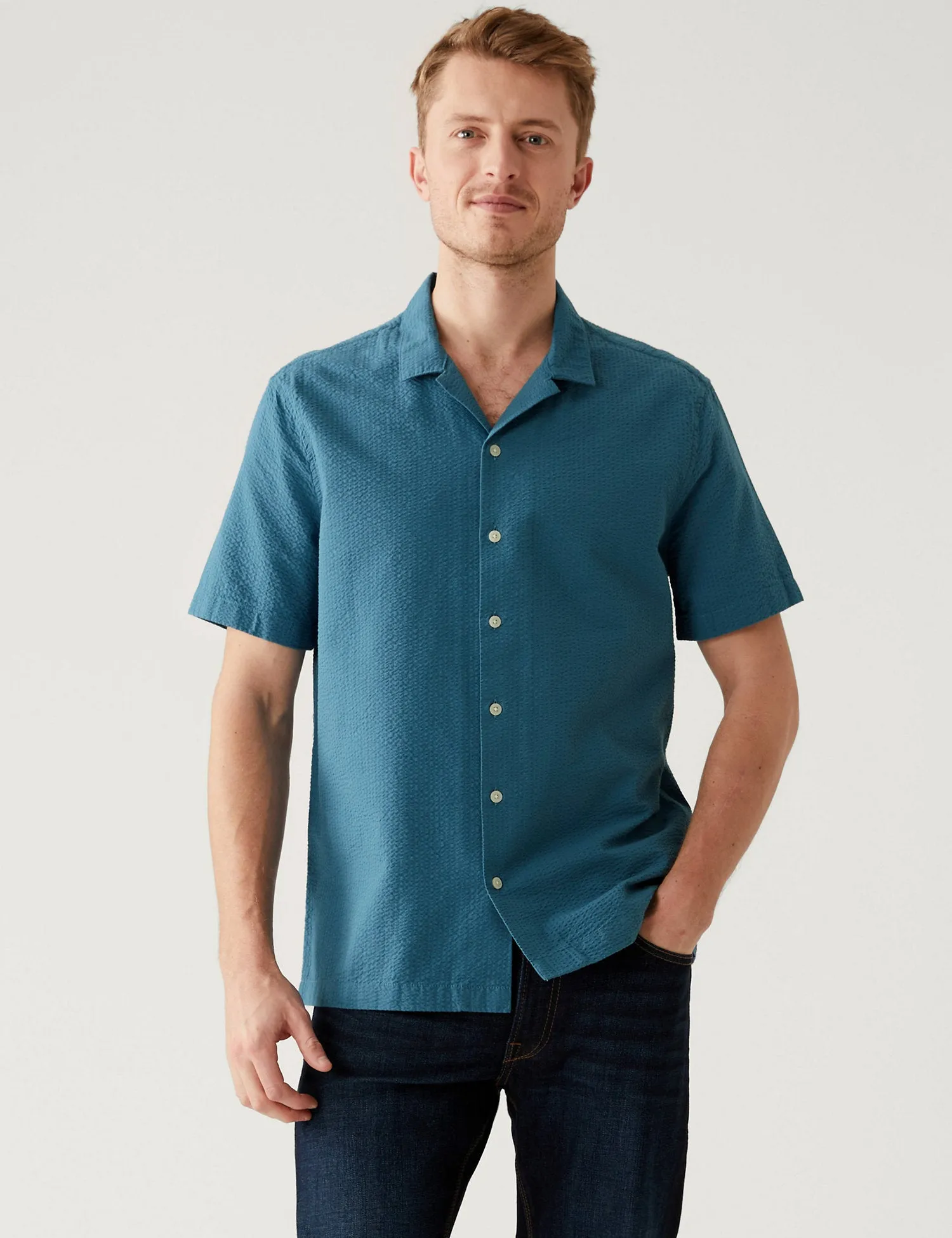 Pure Cotton Seersucker Cuban Collar Shirt