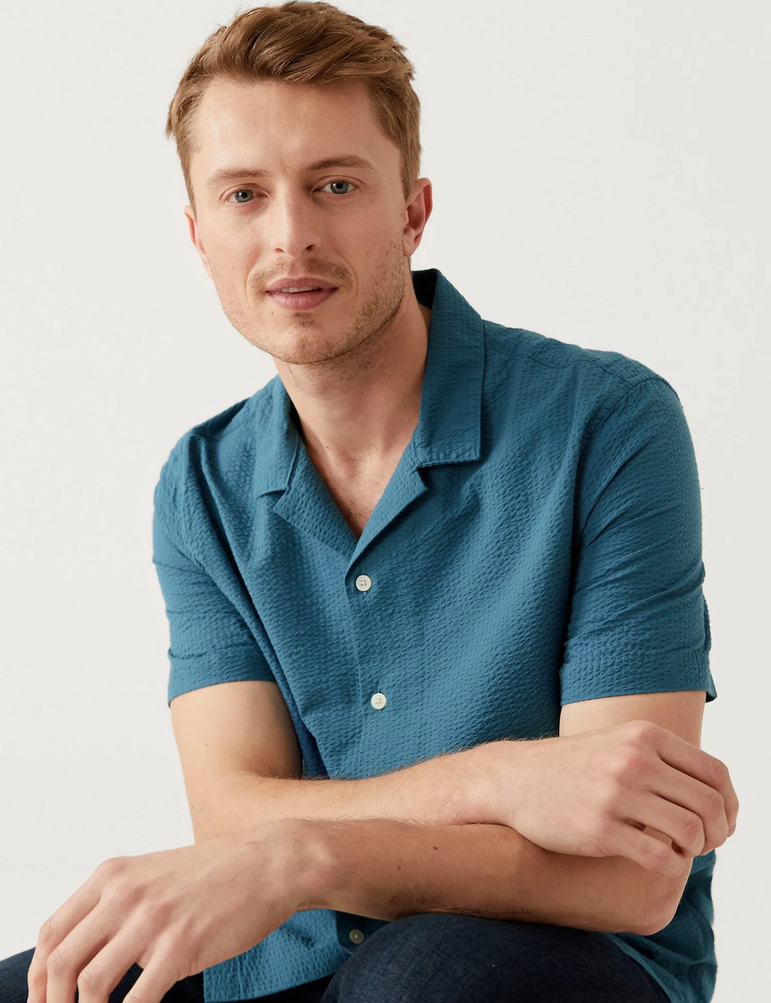 Pure Cotton Seersucker Cuban Collar Shirt